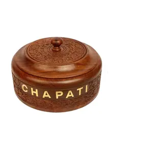 SAHARANPUR HANDICRAFTS Wooden Stainless Steel Bread CHAPATI Casserole with Engraved Design Finish Kitchen Home Dcor Ideal for Gift on Diwali and Christmas (Dimension : 9 Inch X 9 Inch X 4 inch)