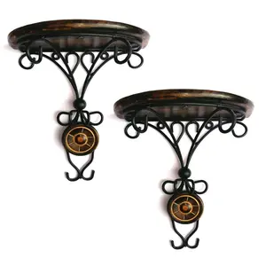 SAHARANPUR HANDICRAFTS Wooden and Wrought Iron Antique Fancy Wall Bracket Shelf Combo for Living Room Bed Room Wall Mounted Wall Shelves (Brown)