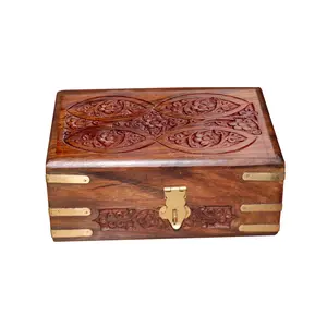 SAHARANPUR HANDICRAFTS Handmade Wooden Carved Jewellery Storage Gift Box (Brown 6x4 Inch) (Carving Bail)
