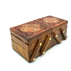 SAHARANPUR HANDICRAFTS Women's Wooden Brass n Carving Flip Flap Handmade Jewellery Box Brown LxWxH 8x4x3 inches