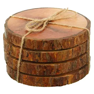 SAHARANPUR HANDICRAFTS Round Wooden Natural Log Bark Coaster -Set of 4