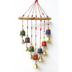 SAHARANPUR HANDICRAFTS Home Decor Wooden Handpainted and Handmade Hanging Wind Chimes Pieces (Multicolour) Handcrafted Decorative Wall/Door/Window Hanging Bells (Bell) (30 x 25 x 3 cm)