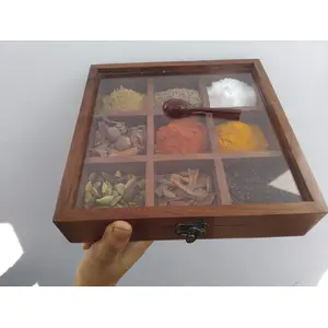 SAHARANPUR HANDICRAFTS Sheesham Wooden Spice Box with Spoon for Kitchen 9x9x2 inches Brown