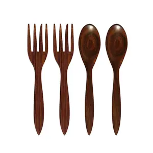 SAHARANPUR HANDICRAFTS Handmade Spoon & Fork Set / Coffee Spoon / Dessert Spoon / Cutlery Kitchen Tableware Set of 6 {6 Inches} (12) (Brown 4 pcs)
