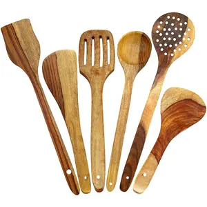 SAHARANPUR HANDICRAFTS Kitchen Utensils Set Wooden Spoons for Cooking Non-Stick Pan Kitchen Tool Wooden Cooking Spoons and Wooden Utensil Storage Wooden Barrel (Set of 6K)