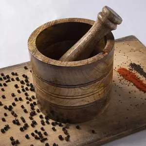 SAHARANPUR HANDICRAFTS Mango Wood Handcrafted Mortar and Pestle (Pack of 1) | Ohkli Musal | Imam Dasta | Spice Mixer Kharal | khalbatta | Masher | Grinder for Kitchen