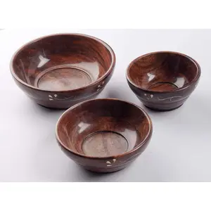 SAHARANPUR HANDICRAFTS Wooden Serving Soup and Fruit Bowl - Set of 3
