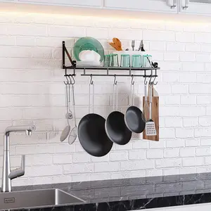 SAHARANPUR HANDICRAFTS Wroght Iron Elegant Wall Mounted Shelf for Kitchen and Bathroom with 10 Hooks | Multipurpose Organizer for Utensils Crockery Pan or Clothes| Kitchen Holder | 62 X 25.5 X 25 CM | Black