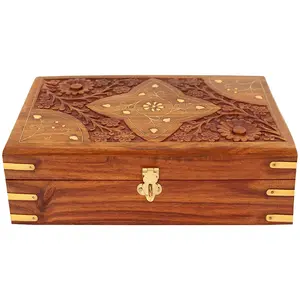 SAHARANPUR HANDICRAFTS Wooden Jewellery Box for Women Jewel Organizer Hand Carved Carving and Brass work Gift Items !! 10 x 6 Inches !!