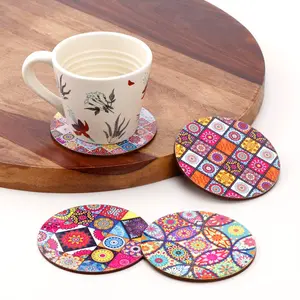 SAHARANPUR HANDICRAFTS Printed Poker Design Wooden Coasters for Tea Coffee (Set of 4 4x4 Inch) (RoundRedAbstracts)