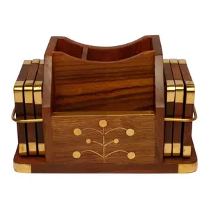SAHARANPUR HANDICRAFTS Wooden Coaster for Tea Cups Dining Table Home Kitchen (Set of 6 Brown :6 *:3.5 * 4 Inches)