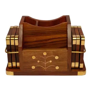 SAHARANPUR HANDICRAFTS Wooden Coaster Set Cum Tissue and Spoon Stand/ 6 Piece Coaster Set Cum Spoon Holder //Wooden Coaster for Dining Table//Coaster for Cup (Mobile Coaster)