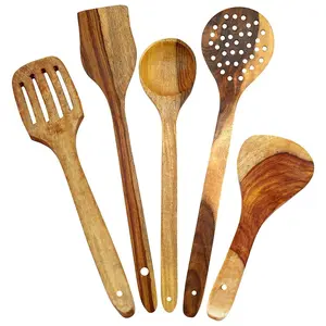 SAHARANPUR HANDICRAFTS Wooden Spoon Set for Kitchen/Wooden Spatula Handmade Wooden Non-Stick Serving and Cooking Spoons Kitchen Tools Utensil Set of 5- LaddleSkimmerTurnnerSpatulaRice