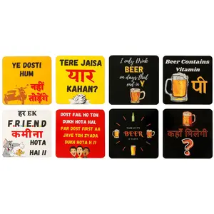 SAHARANPUR HANDICRAFTS Printed Wooden Coasters for Tea Coffee (Set of 8 4x4 Inch) (Friends & Beer)
