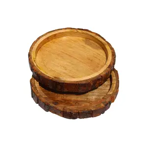 SAHARANPUR HANDICRAFTS Beautiful Table Decor Round Shape Wooden Serving Tray and Platter for Home and Kitchen 10x10x1.5 Inches (Natural 2 Pcs)
