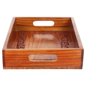 SAHARANPUR HANDICRAFTS Handmade/Handcrafted sheesham Wood (Rosewood) Serving Tray for Breakfast/Dinner/Fruit for Dining Table/kitchenware.