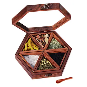 SAHARANPUR HANDICRAFTS Handmade Sheesham Wooden Spice box with 6 removable containers |Chocolate Box | Jewellery Box| Mouth freshener Box | Condiment Box Multipurpose Box with Glass lid(23.5 x 23.5 x 6 cm)
