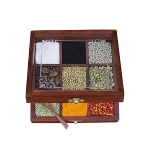 SAHARANPUR HANDICRAFTS Sheesham Wooden Table Top Masala Dabba Containers Jars Cum Kitchen Spice Box with Spoon (Brown)