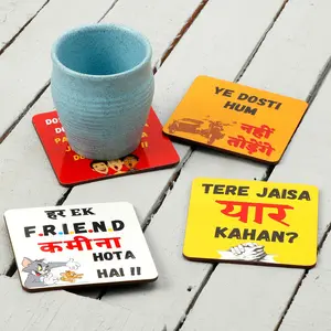 SAHARANPUR HANDICRAFTS Printed Poker Design Wooden Coasters for Tea Coffee (Set of 4 4x4 Inch) (Friends)