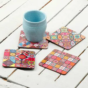 SAHARANPUR HANDICRAFTS Printed Poker Design Wooden Coasters for Tea Coffee (Set of 4 4x4 Inch) (Abstracts)