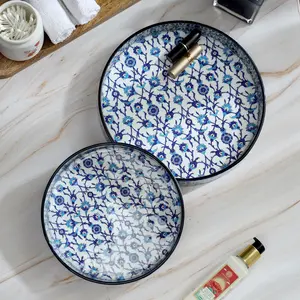 SAHARANPUR HANDICRAFTS Set of 2 MDF Wood Trays Enamel Coated| Round Trays Set of 2 | Serving Trays | Wooden Tray | Kitchen&Dining Decorative | Resin Tray |9x9 inches & 11x11 inches (BigSetof2Round: BlueMoroccan)