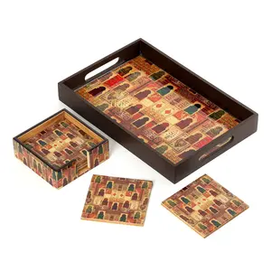 SAHARANPUR HANDICRAFTS Deco Painted Enamel Coated Multipurpose Tray with Enamel Coated Set of 6 Coasters with case in MDF | Serving Tray for Home & Dining Table | Multipurpose Tray (DECOTray(12x8)+Coasters-Jharokha)
