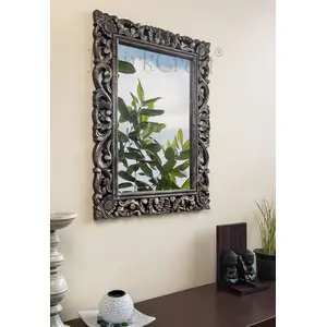 SAHARANPUR HANDICRAFTS Wooden Handcrafted Wall Mirror Frame for Home Decor | Hanging Wall Mounted Mirror/Frame Vanity Mirror for Living Room and Bathroom (Rectangle) Framed Rectangular