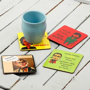 SAHARANPUR HANDICRAFTS Printed Poker Design Wooden Coasters for Tea Coffee (Set of 4 4x4 Inch) (Villains)