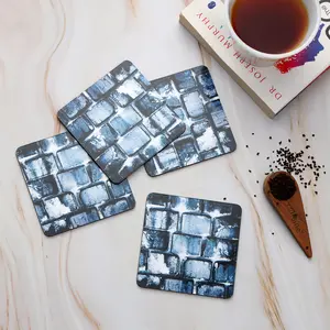 SAHARANPUR HANDICRAFTS Printed Beautiful Bricks Pattern Designer Printed Coasters (MDF Wooden Set of 4 10 cm Diameter Square Shape) Blue Bricks