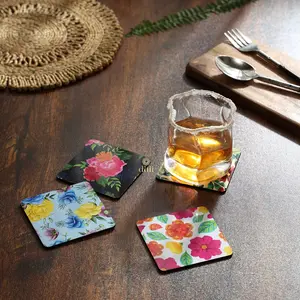 SAHARANPUR HANDICRAFTS Printed Poker Design Wooden Coasters for Tea Coffee (Set of 4 4x4 Inch) (Floral)