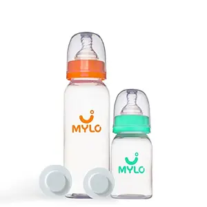 Mylo Essentials Baby Feeding Bottle (125ml + 250ml) for New Born Baby | Anti Colic & BPA Free Feeding Bottles | Feels Natural Baby Bottle | Easy Flow Neck Design- Sea Green + Zesty Orange