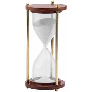 SAHARANPUR HANDICRAFTS Brass Wooden Base Sand Timer Clock Decorative Showpiece - 14.5 cm (Brass Wood Glass Brown Gold)