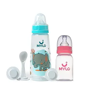 Mylo Essentials 2 in 1 Baby Feeding Bottles with Spoon for New Born Baby (125ml + 250ml) | Anti Colic & BPA Free Feeding Bottles | Feels Natural Baby Bottle | Easy Flow Neck Design- Pink + Elephant