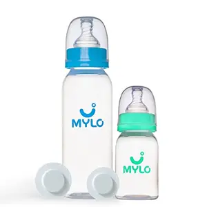 Mylo Essentials Baby Feeding Bottle (125ml + 250ml) for New Born Baby | Anti Colic & BPA Free Feeding Bottles | Feels Natural Baby Bottle | Easy Flow Neck Design- Sea Green + Sky Blue