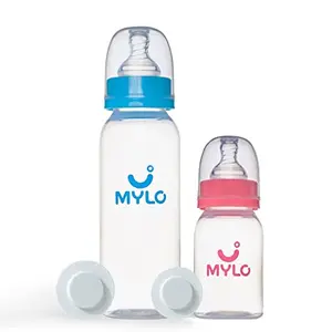 Mylo Essentials Baby Feeding Bottle (125ml + 250ml) for New Born Baby | Anti Colic & BPA Free Feeding Bottles | Feels Natural Baby Bottle | Easy Flow Neck Design- Pink + Sky Blue
