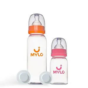 Mylo Essentials Baby Feeding Bottle (125ml + 250ml) for New Born Baby | Anti Colic & BPA Free Feeding Bottles | Feels Natural Baby Bottle | Easy Flow Neck Design- Pink + Zesty Orange