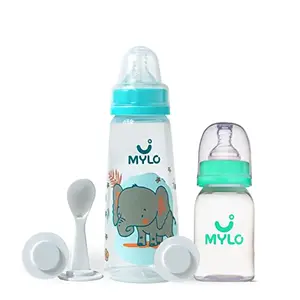 Mylo Essentials 2 in 1 Baby Feeding Bottles with Spoon for New Born Baby (125ml + 250ml) | Anti Colic & BPA Free Feeding Bottles | Feels Natural Baby Bottle | Easy Flow Neck Design- Sea Green + Elephant