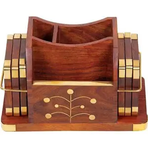 SAHARANPUR HANDICRAFTS Wooden Coaster Set Cum Tissue and Spoon Stand/ 6 Piece Coaster Set Cum Spoon Holder //Wooden Coaster for Dining Table//Coaster for Cup