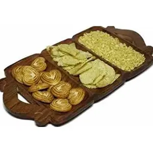 SAHARANPUR HANDICRAFTS Wooden Antique Handicrat Handmade 3 Slots Square Shape Serving Tray Platter for Snacks & Dry Fruits Brown