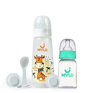 Mylo Essentials 2 in 1 Baby Feeding Bottles with Spoon for New Born Baby (125ml + 250ml) | Anti Colic & BPA Free Feeding Bottles | Feels Natural Baby Bottle | Easy Flow Neck Design- Sea Green + Giraffe