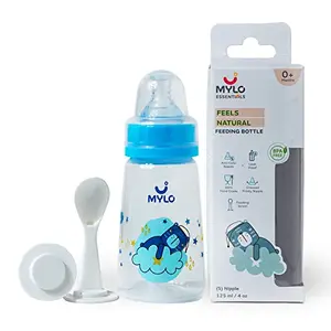 Mylo Essentials 2 in 1 Baby Feeding Bottle with Spoon (125 ml) for New Born Baby | Anti Colic & BPA Free Feeding Bottles | Feels Natural Baby Bottle | Easy Flow Neck Design- Blue Bear