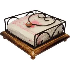 SAHARANPUR HANDICRAFTS Wrought Iron and Wood Tissue Paper Napkin Holder Stand for Dining Table Brown & Black