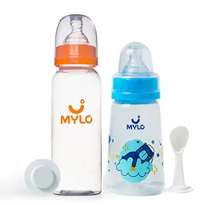 Mylo Essentials 2 in 1 Baby Feeding Bottles with Spoon for New Born Baby (125ml + 250ml) | Anti Colic & BPA Free Feeding Bottles | Feels Natural Baby Bottle | Easy Flow Neck Design- Bear + Zesty Orange
