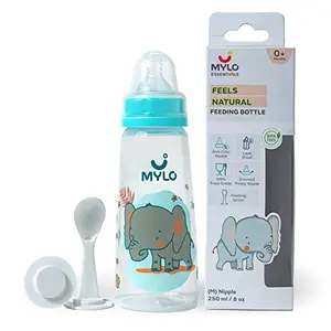 Mylo Essentials 2 in 1 Baby Feeding Bottle with Spoon (250 ml) for New Born Baby | Anti Colic & BPA Free Feeding Bottles | Feels Natural Baby Bottle | Easy Flow Neck Design- Blue Elephant