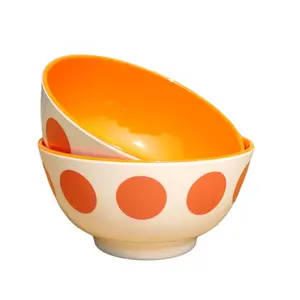 SAHARANPUR HANDICRAFTS Melamine Bowl Set | 6 Inch 650 ML 2 Tone Coloured Round Bowl Set of 2| Vegetable Bowl | Snack Bowl | Soup Bowl | Mini Serving Bowl Set of 2 (Ploka Dots Orange Bowl)