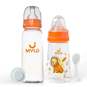 Mylo Essentials 2 in 1 Baby Feeding Bottles with Spoon for New Born Baby (125ml + 250ml) | Anti Colic & BPA Free Feeding Bottles | Feels Natural Baby Bottle | Easy Flow Neck Design- Lion + Zesty Orange