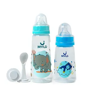 Mylo Essentials 2 in 1 Baby Feeding Bottles with Spoon for New Born Baby (125ml + 250ml) | Anti Colic & BPA Free Feeding Bottles | Feels Natural Baby Bottle | Easy Flow Neck Design- Bear + Elephant