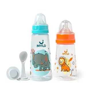 Mylo Essentials 2 in 1 Baby Feeding Bottles with Spoon for New Born Baby (125ml + 250ml) | Anti Colic & BPA Free Feeding Bottles | Feels Natural Baby Bottle | Easy Flow Neck Design- Lion + Elephant