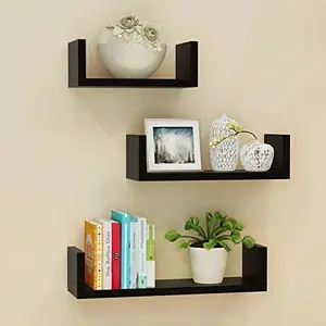 SAHARANPUR HANDICRAFTS Wooden Wall Rack Shelves Black Set of 3