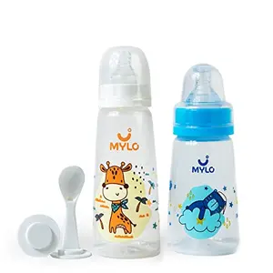 Mylo Essentials 2 in 1 Baby Feeding Bottles with Spoon for New Born Baby (125ml + 250ml) | Anti Colic & BPA Free Feeding Bottles | Feels Natural Baby Bottle | Easy Flow Neck Design- Bear + Giraffe